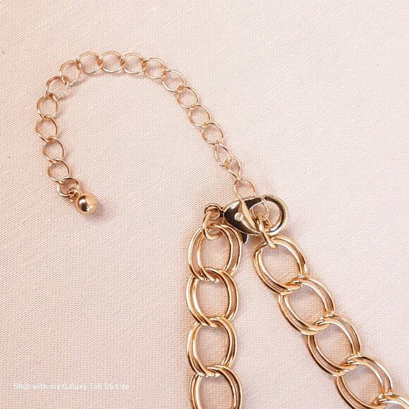 Statement Choker Necklace Gold Tone Double Chain Links Multi Size Pearly Beads - Picture 5 of 12